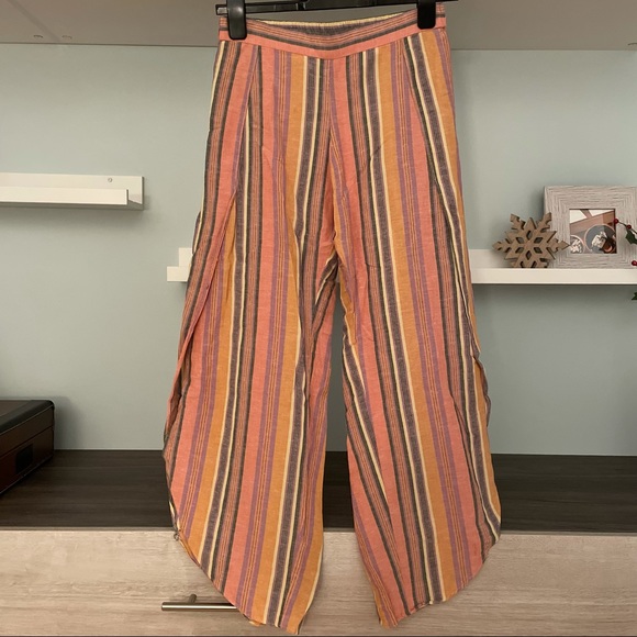 DREW (Anthropologie) Whitney Coral Striped Wide Leg Side Slit Linen Blend Pants - Picture 2 of 15